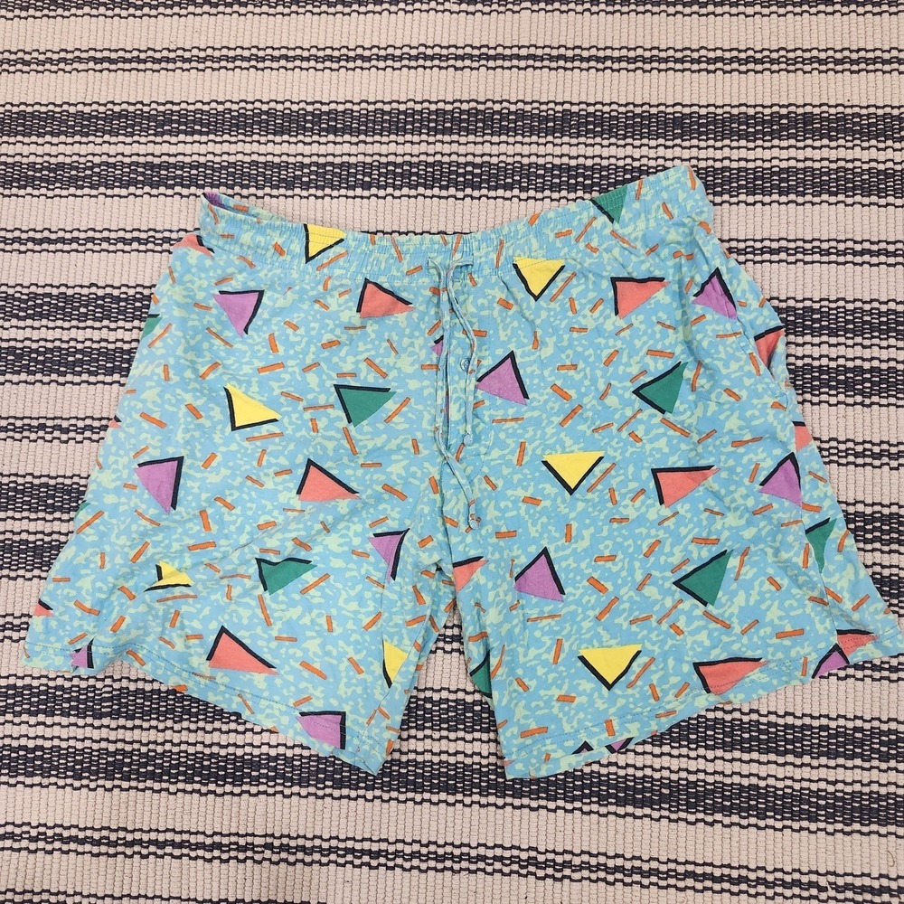 90s Engine Lounge Shorts XL Blue Geometric Print Jersey Cotton Boxer Style